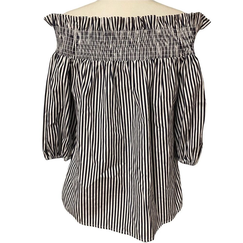 Parker Navy Blue and White Off the Shoulder Ruffle Smocked Blouse - Picture 2 of 5